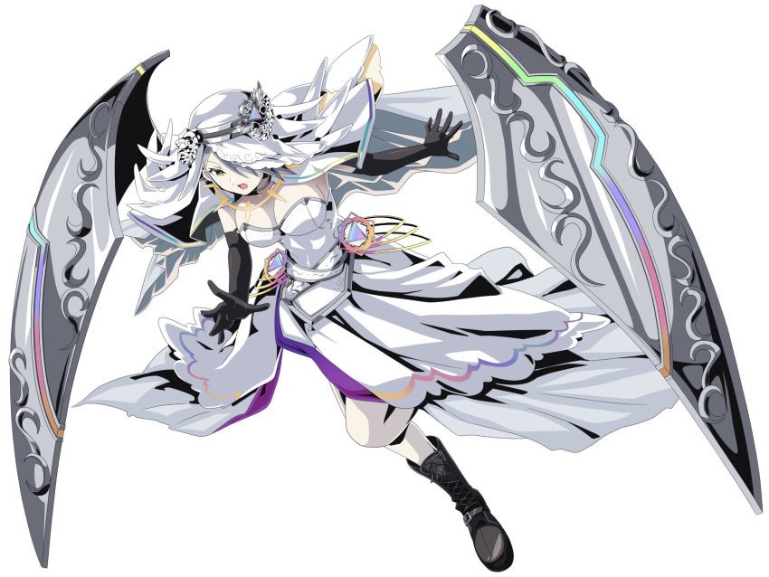 1girl boots breasts cleavage commentary_request dress duel_masters duel_masters_play's elbow_gloves gloves gradient_clothes grey_hair highres large_breasts leg_up open_mouth rainbow_gradient shield simple_background solo strapless strapless_dress veil wedding_(duel_masters) white_background white_dress yellow_eyes zeke_(analogmon)