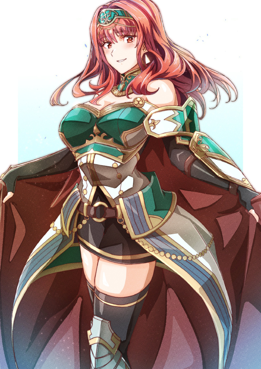 1girl absurdres armor breastplate cape celica_(fire_emblem) dress earrings fingerless_gloves fire_emblem fire_emblem_echoes:_shadows_of_valentia fire_emblem_heroes gloves highres holding holding_cape holding_clothes jewelry long_hair looking_at_viewer red_eyes red_hair smile solo tiara to_(tototo_tk)