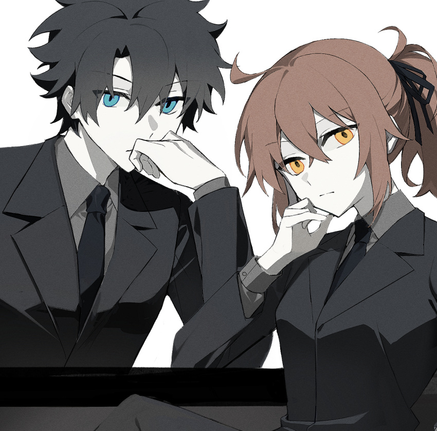 1boy 1girl aqua_eyes black_hair black_jacket black_necktie black_ribbon black_suit closed_mouth collared_shirt crossed_bangs expressionless fate/grand_order fate_(series) fujimaru_ritsuka_(female) fujimaru_ritsuka_(female)_(royal_brand) fujimaru_ritsuka_(male) fujimaru_ritsuka_(male)_(royal_brand) grey_shirt hair_ribbon hand_on_own_cheek hand_on_own_face highres idass_(idass16) jacket long_sleeves looking_at_viewer necktie orange_eyes orange_hair ponytail ribbon shirt simple_background suit white_background