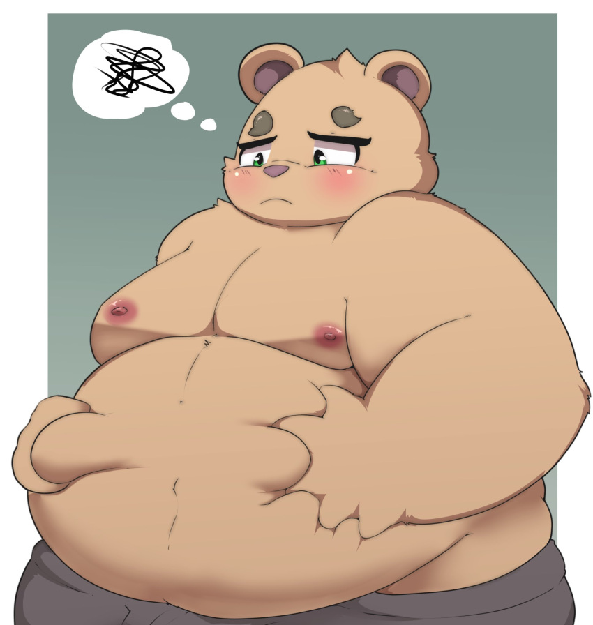 2024 anthro bear belly big_belly blush bottomwear brown_body clothing hi_res inigo_(kusosensei) kemono kusosensei male mammal moobs nipples overweight overweight_male pants simple_background solo