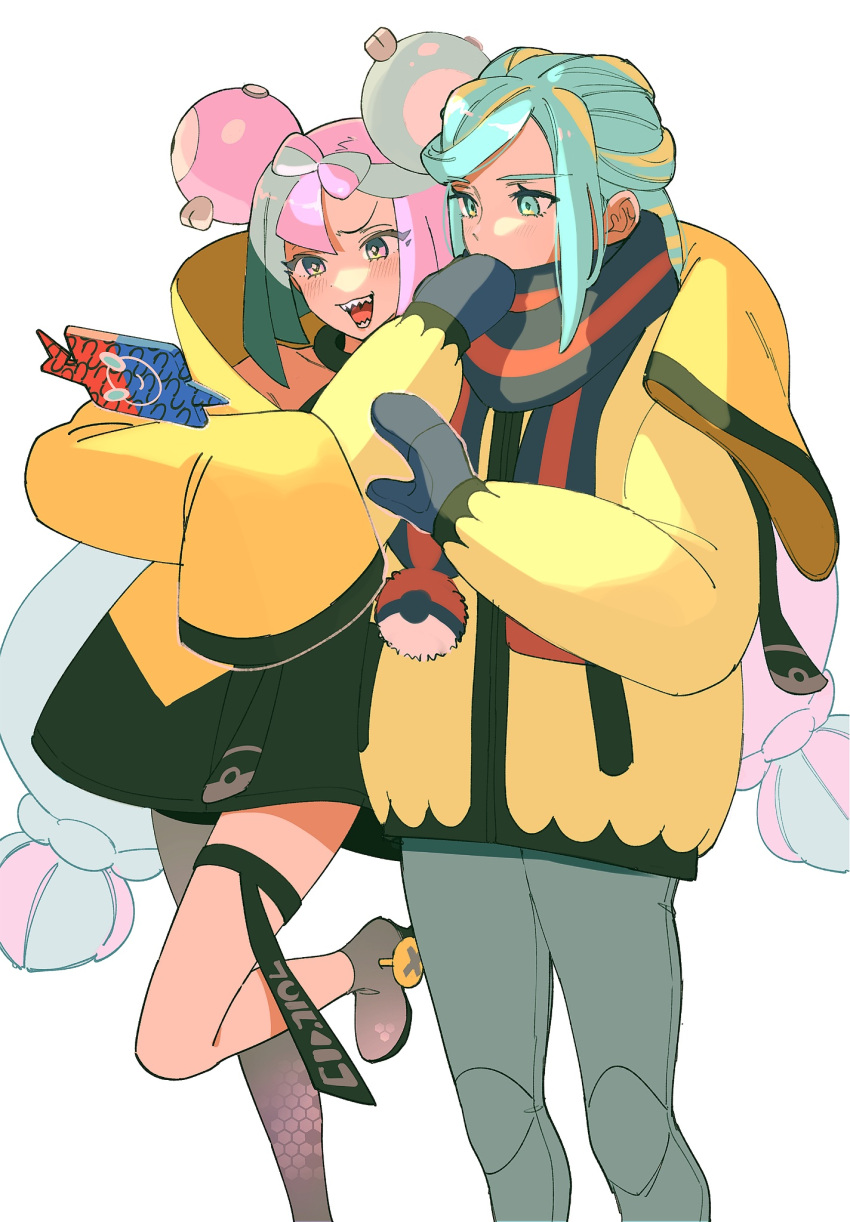 1boy 1girl :d blush bow-shaped_hair character_hair_ornament commentary_request eyelashes green_eyes green_hair grusha_(pokemon) hair_ornament highres iono_(pokemon) jacket leg_up long_sleeves looking_down mittens multicolored_hair open_mouth osg_pk pants pink_hair pokemon pokemon_sv rotom rotom_phone scarf sleeves_past_fingers sleeves_past_wrists smile striped striped_scarf teeth thigh_strap two-tone_hair yellow_jacket