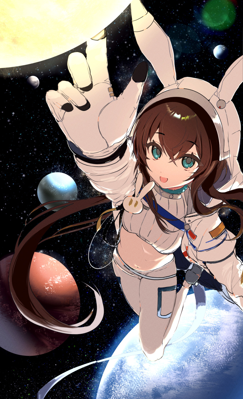 1girl absurdres amiya_(arknights) amiya_(guard)_(arknights) amiya_(guard)_(touch_the_stars)_(arknights) animal_hood arknights blue_eyes brown_hair crop_top gloves hair_between_eyes highres hood hood_up hooded_jacket jacket long_hair long_sleeves looking_at_viewer maria_(syake-uni) midriff official_alternate_costume open_clothes open_jacket pants planet rabbit_hood shirt solo space white_gloves white_jacket white_pants white_shirt