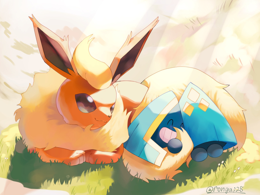 alternate_color animal_focus artist_name black_eyes closed_eyes closed_mouth commentary_request flareon highres no_humans on_grass orange_fur pokemon pokemon_(creature) rongai28 shiny_pokemon sitting smile snorunt sunlight tail teeth twitter_username