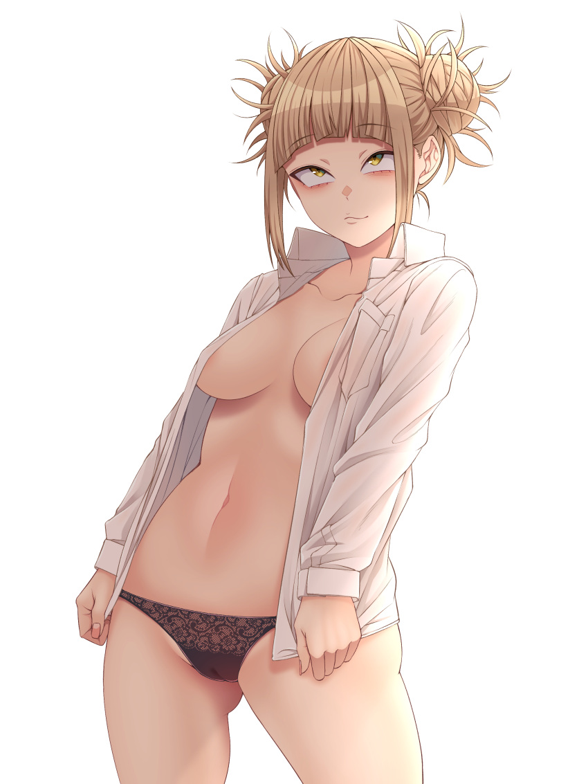 1girl absurdres areola_slip black_panties blonde_hair blunt_bangs blush boku_no_hero_academia breasts closed_mouth double_bun hair_bun highres kobaji long_sleeves medium_breasts messy_hair navel panties shirt solo stomach toga_himiko underwear white_shirt yellow_eyes