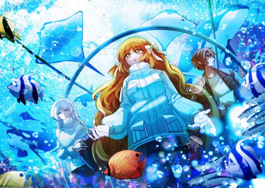 1boy 2girls angelfish aquarium black_pants blue_eyes bow brown_hair faust_(project_moon) fish fish_request freckles gredell_elle hair_bow heathcliff_(project_moon) highres ishmael_(project_moon) jacket jellyfish limbus_company long_hair long_sleeves looking_to_the_side manta_ray multiple_girls orange_hair orca pants project_moon puffy_long_sleeves puffy_sleeves ribbed_sweater sidelocks sweater very_long_hair white_bow white_jacket white_sweater