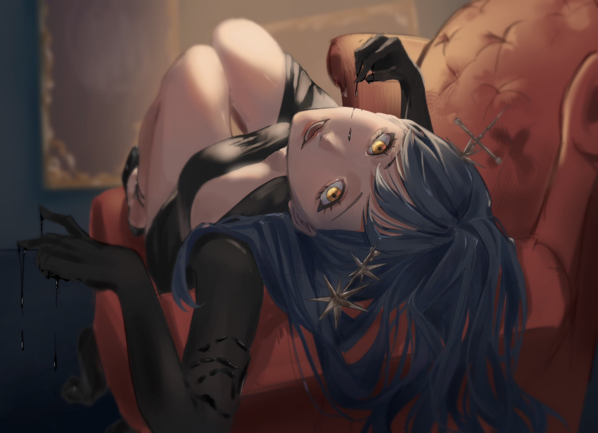 1girl :d arcana_(reverse:1999) bare_legs black_dress black_footwear black_gloves black_liquid blue_background blue_hair blurry blurry_background breasts cleavage cleavage_cutout clothing_cutout couch dark_blue_hair dress elbow_gloves full_body gloves hand_up highres long_hair long_sleeves looking_at_viewer lower_teeth_only lying on_back on_couch picture_frame reverie_(vuenreve) reverse:1999 sidelighting smile solo teeth upside-down wand_in_head yellow_eyes