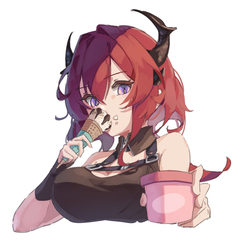 1girl arknights arm_guards arms_up black_dress breasts cleavage commentary cropped_torso demon_girl demon_horns detached_collar dress eating food food_on_face highres holding holding_food holding_ice_cream horns iasimo ice_cream ice_cream_tub large_breasts looking_at_viewer purple_eyes sidelocks sketch sleeveless sleeveless_dress slit_pupils solo surtr_(arknights)