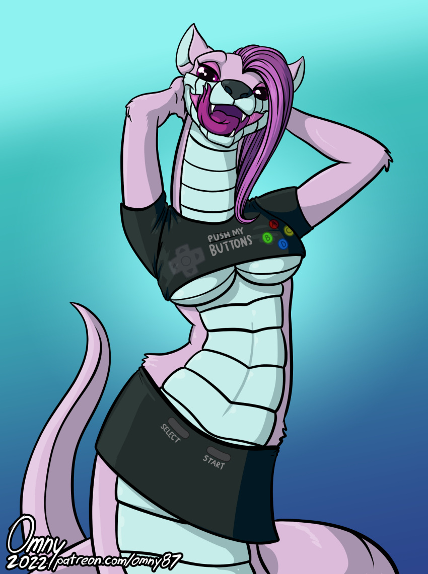 apode bottomwear breasts clothing crop_top domestic_ferret draconcopode fangs forked_tongue gamer_girl hair hi_res legless licking licking_lips mammal microsoft mustela mustelid musteline naga omny87 pinup playstation pose purple_hair reptile scalie serpentine shirt skirt snake snerret sonata_(omny87) sony_corporation sony_interactive_entertainment tongue tongue_out topwear true_musteline under_boob video_games xbox xbox_game_studios