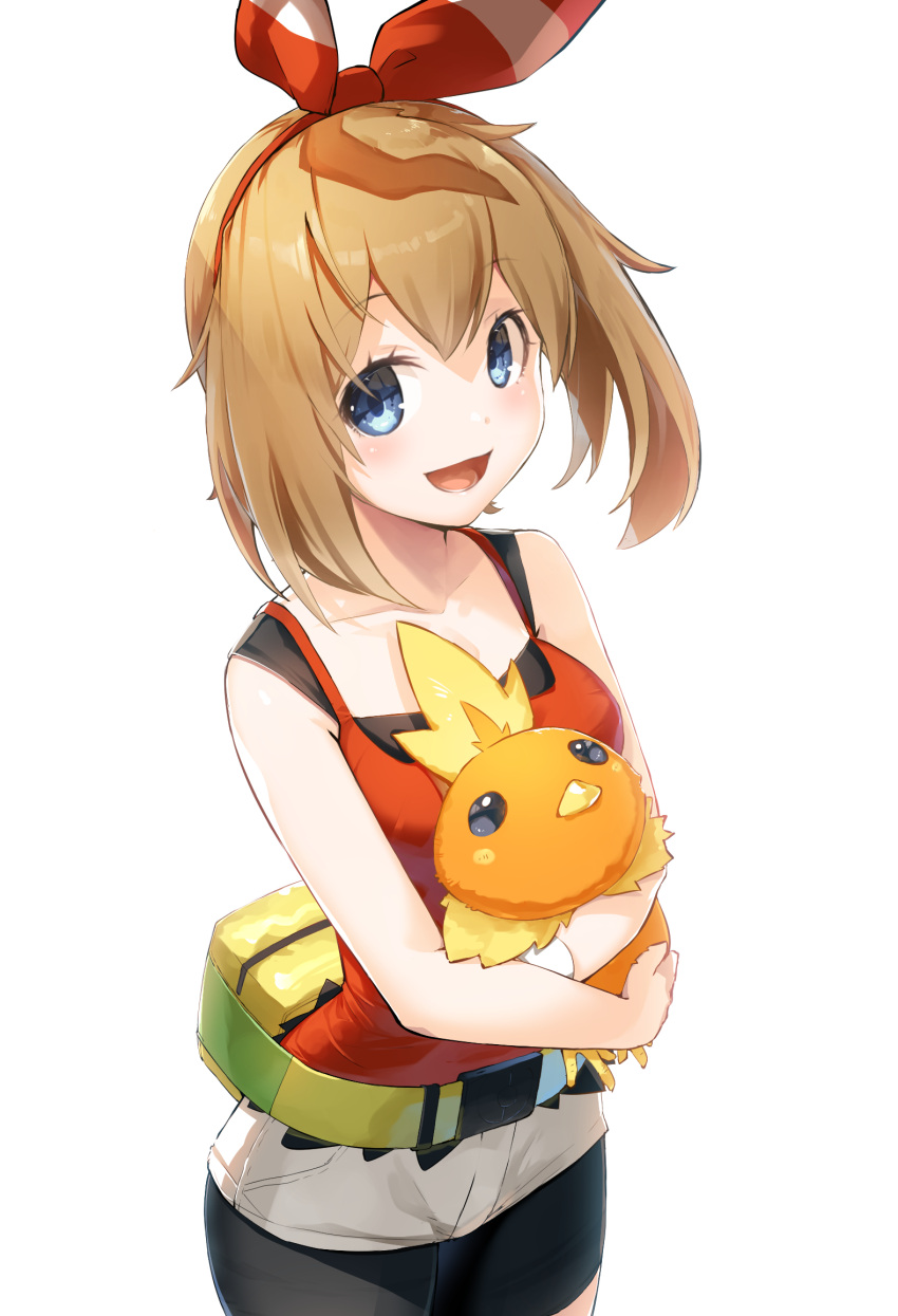 1girl :d bag black_pantyhose blue_eyes blush bow_hairband breasts brown_hair brown_shorts collarbone commentary_request cowboy_shot fanny_pack hair_ribbon hairband highres holding may_(pokemon) medium_breasts meth_(emethmeth) open_mouth pantyhose pokemon pokemon_(creature) pokemon_oras red_hairband red_ribbon revision ribbon shirt shorts simple_background sleeveless sleeveless_shirt smile standing torchic white_background