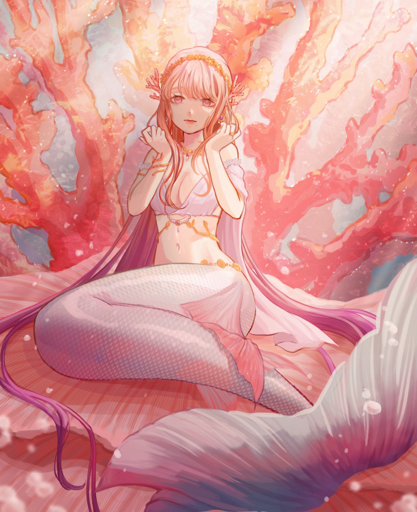 1girl absurdres air_bubble breasts bubble cleavage coral coral_hair_ornament hairband highres jewelry liliantsai0417 long_hair mermaid monster_girl navel necklace original pink_eyes pink_hair sitting solo underwater very_long_hair