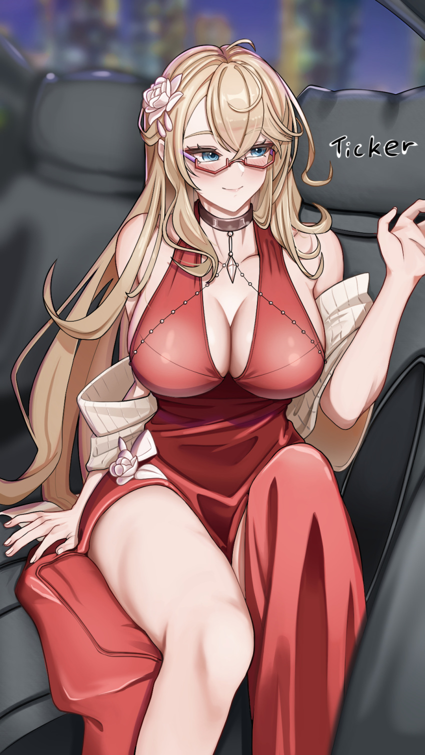 1girl blonde_hair blue_eyes blush breasts brown_choker car_interior choker cleavage closed_mouth cocktail_dress commentary_request crossed_bangs dress english_commentary feet_out_of_frame flower glasses hair_between_eyes hair_flower hair_ornament highres kisaragi_ayane large_breasts long_hair looking_to_the_side mahjong_soul medium_bangs mixed-language_commentary red-framed_eyewear red_dress semi-rimless_eyewear sitting sleeveless sleeveless_dress smile solo ticker_(kks2ksy) under-rim_eyewear very_long_hair white_flower