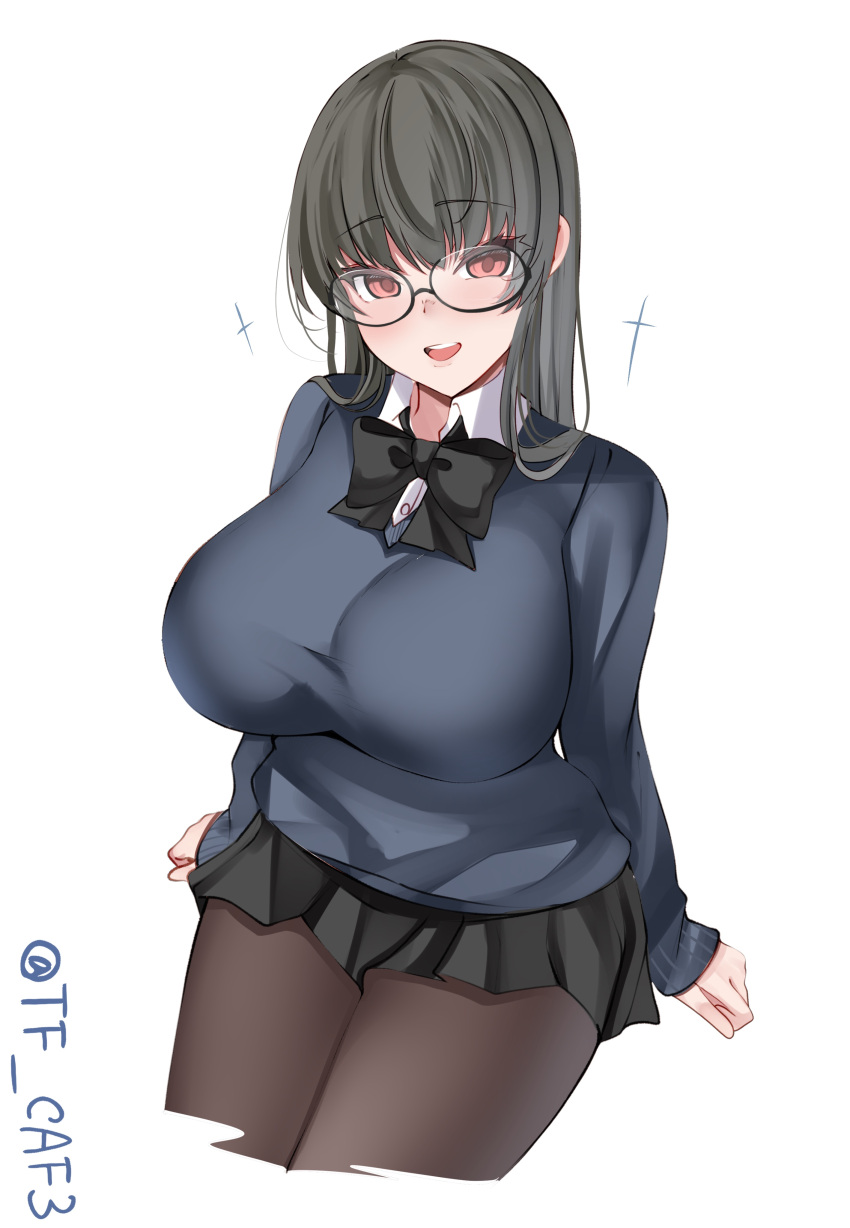 1girl absurdres alternate_costume black-framed_eyewear black_bow black_hair black_pantyhose black_skirt blue_sweater bow breasts choukai_(kancolle) collared_shirt commentary_request cowboy_shot glasses highres kantai_collection large_breasts long_hair long_sleeves one-hour_drawing_challenge open_mouth pantyhose pleated_skirt red_eyes round_eyewear shirt simple_background sitting skirt smile solo sweater teeth tf_cafe twitter_username upper_teeth_only white_background white_shirt
