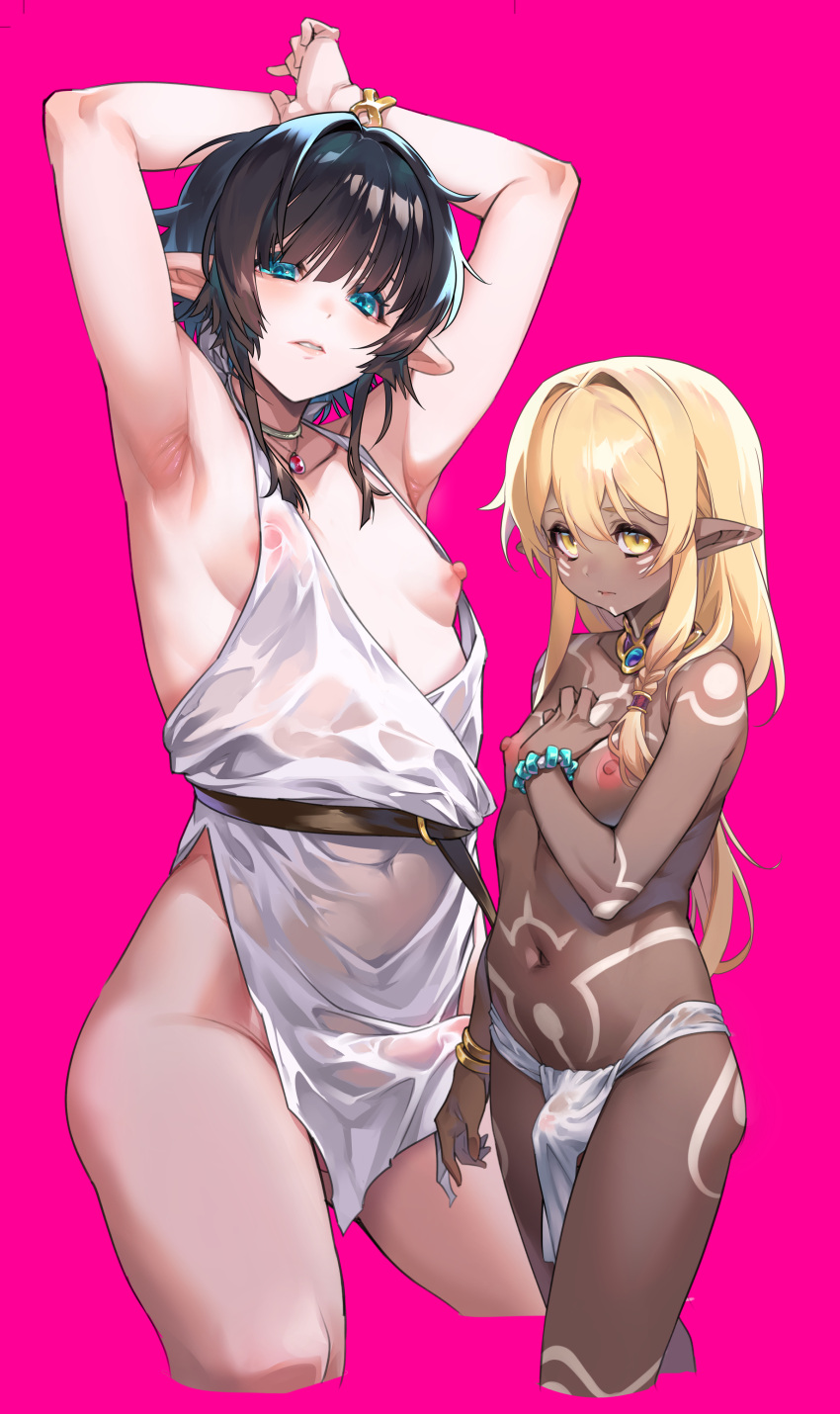 2boys absurdres androgynous armpits arms_up black_hair blonde_hair blue_eyes body_markings bracelet bulge cropped_legs dark-skinned_male dark_skin dress elf erection erection_under_clothes facial_mark fundoshi hair_intakes highres japanese_clothes jewelry long_hair looking_at_viewer multiple_boys navel necklace nipples original otoko_no_ko parted_lips pink_background pointy_ears puffy_chest sash see-through shirou sidelocks simple_background thighs yellow_eyes