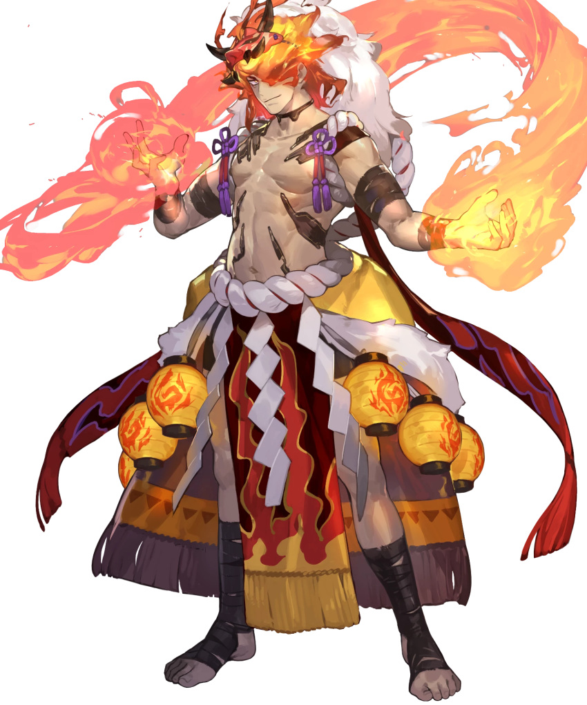 1boy abs bara body_markings dark-skinned_male dark_skin dragon_mask fake_hair fire_emblem fire_emblem_heroes flaming_hand hair_over_one_eye highres looking_at_viewer muscular muscular_male muspell_(fire_emblem) muspell_(flame)_(fire_emblem) non-web_source official_alternate_costume official_art orange_hair pelvic_curtain red_eyes shawl smile solo sumo tachi-e