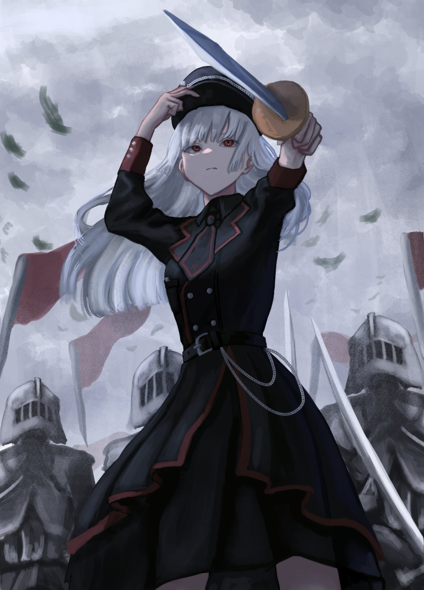 1girl 3others absurdres armor arms_up black_dress black_headwear blunt_bangs chain cloud cloudy_sky collared_dress dress flag floating_hair frown full_armor hand_on_headwear hat high_belt highres holding holding_sword holding_weapon knight kyano_(kyanora3141) long_hair long_sleeves multiple_others original red_eyes red_flag sky sword upper_body weapon white_hair