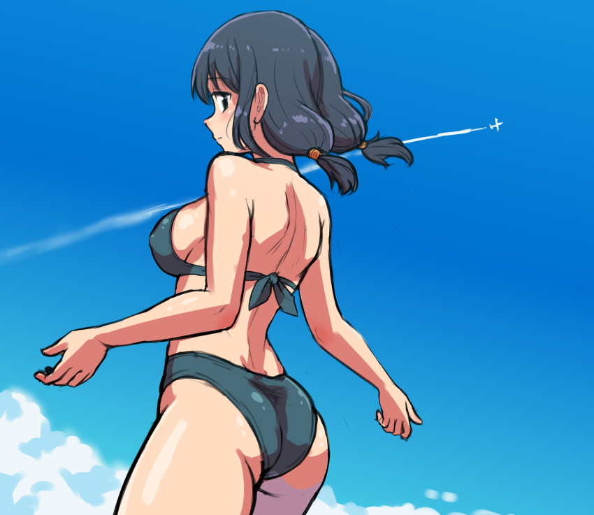 1girl aircraft airplane ass bikini black_bikini black_eyes black_hair blue_sky breasts cloud covered_nipples day from_behind gussuripii highres large_breasts low_twintails medium_hair outdoors sky solo swimsuit tamura_yuri twintails watashi_ga_motenai_no_wa_dou_kangaetemo_omaera_ga_warui!