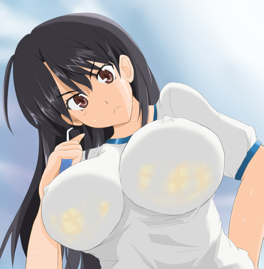 &gt;:( 1girl a_certain_high_school_gym_uniform bare_arms black_hair blue_sky bra bra_visible_through_clothes breasts brown_eyes closed_mouth commentary_request covered_nipples day from_below fukiyose_seiri gym_shirt hair_between_eyes hand_up head_tilt highres holding large_breasts long_hair looking_at_viewer outdoors plaid plaid_bra shirt short_sleeves sky solo sweat toaru_majutsu_no_index toaru_majutsu_no_index:_old_testament toko5121 underwear upper_body v-shaped_eyebrows wet wet_clothes wet_shirt white_shirt yellow_bra