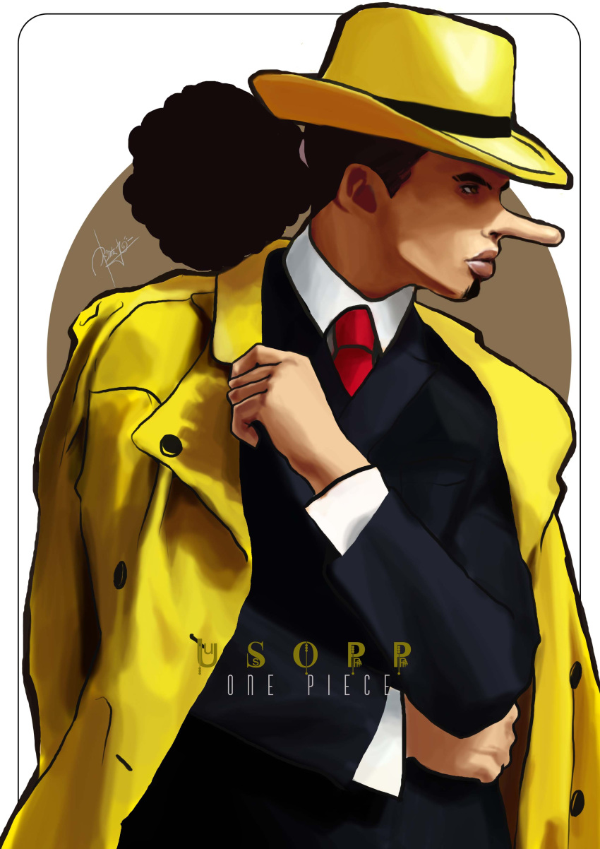 1boy absurdres alternate_costume black_hair character_name closed_mouth coat commentary curly_hair english_commentary facial_hair fedora formal goatee hat highres long_nose male_focus maorenc necktie one_piece red_necktie signature solo suit trench_coat usopp yellow_headwear