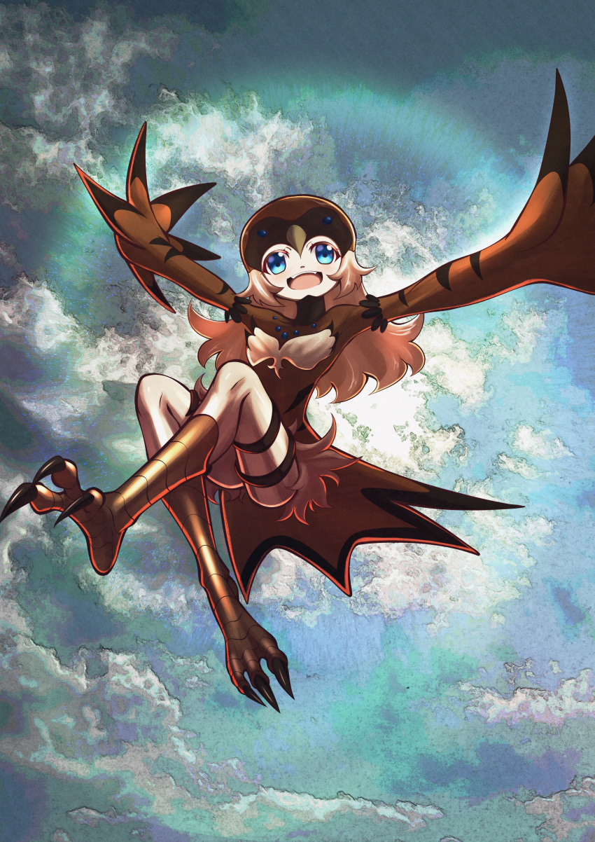 1girl absurdres aida_zuleka bird_hat bird_legs bird_tail blue_eyes brown_hair brown_wings cloud cloudy_sky commentary_request duel_monster feather_fingers harpy highres long_hair lyrilusc_-_cobalt_sparrow monster_girl open_mouth sky solo tail talons teeth upper_teeth_only winged_arms wings yu-gi-oh!