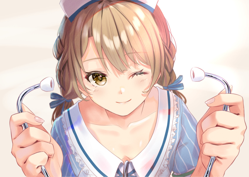 1girl blonde_hair blue_dress blue_ribbon braid breasts close-up closed_mouth collarbone commentary_request downblouse dress hair_ribbon hat highres holding_stethoscope isshiki_iroha looking_at_viewer medium_hair nail_polish nanashi_(74_nanashi) nurse nurse_cap one_eye_closed ribbon small_breasts solo stethoscope striped striped_dress twin_braids vertical-striped_dress vertical_stripes yahari_ore_no_seishun_lovecome_wa_machigatteiru. yellow_eyes