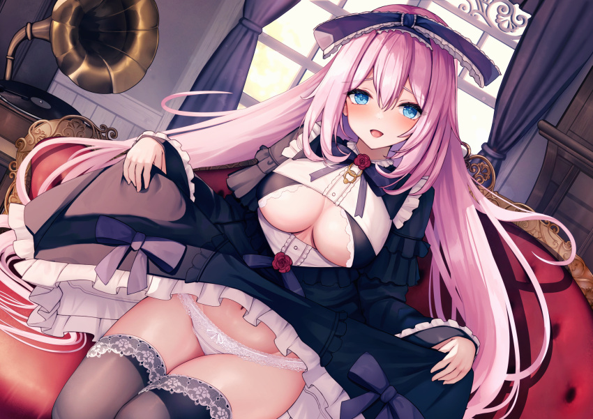 1girl :d black_dress black_thighhighs blue_eyes blush breasts commentary_request couch curtains dress hair_ornament highres indoors large_breasts liya long_hair long_sleeves looking_at_viewer navel open_mouth original panties pink_hair smile solo thighhighs thighs underboob underwear white_panties window