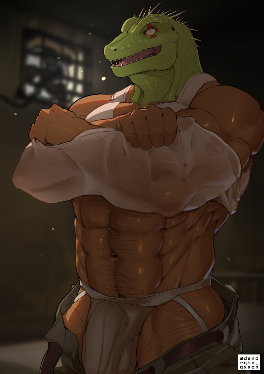 1boy absurdres animal_head bara caiman_(dorohedoro) covered_penis cowboy_shot dendryte_axxon dorohedoro green_scales highres jockstrap large_pectorals leg_hair looking_at_viewer male_focus male_underwear muscular muscular_male navel_hair nipples paid_reward_available pectorals reptile_boy see-through smile solo sparkling_sweat strongman_waist sweat sweaty_clothes thick_thighs thighs underwear undressing very_sweaty white_male_underwear