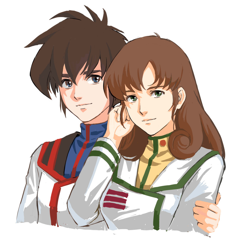 1boy 1girl absurdres arms_behind_back brown_hair choujikuu_yousai_macross couple good_end green_eyes highres ichijou_hikaru lisa_hayes looking_at_viewer macross macross:_do_you_remember_love? macross:_the_first military military_uniform misa_hayase nekkikamille rick_hunter robotech science_fiction sideburns sketch spiked_hair uniform upper_body