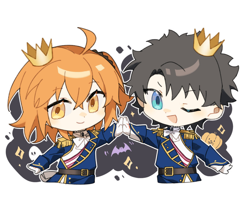 1boy 1girl ;d ahoge belt black_hair blue_eyes blue_jacket bow bowtie brown_belt chibi closed_mouth command_spell cropped_torso crown epaulettes fate/grand_order fate_(series) fringe_trim fujimaru_ritsuka_(female) fujimaru_ritsuka_(female)_(halloween_royalty) fujimaru_ritsuka_(male) fujimaru_ritsuka_(male)_(halloween_royalty) gloves highres idass_(idass16) jacket looking_at_viewer mini_crown one_eye_closed one_side_up open_mouth orange_eyes orange_hair sash short_hair simple_background smile upper_body white_background white_bow white_bowtie white_gloves