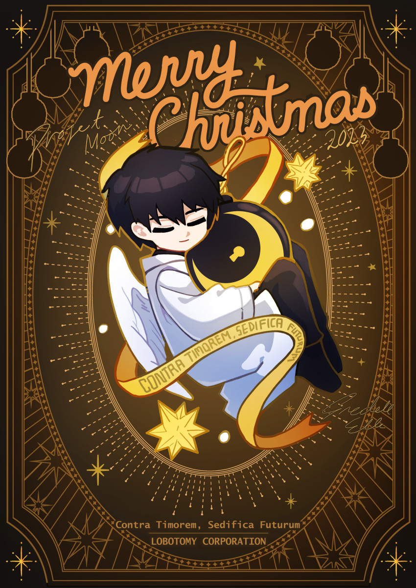 1boy 2023 absurdres ayin_(project_moon) black_footwear black_pants chibi christmas_ornaments closed_eyes closed_mouth coat company_logo gredell_elle highres lab_coat latin_text lobotomy_corporation long_sleeves male_focus merry_christmas pants project_moon shoes smile solo translated white_coat