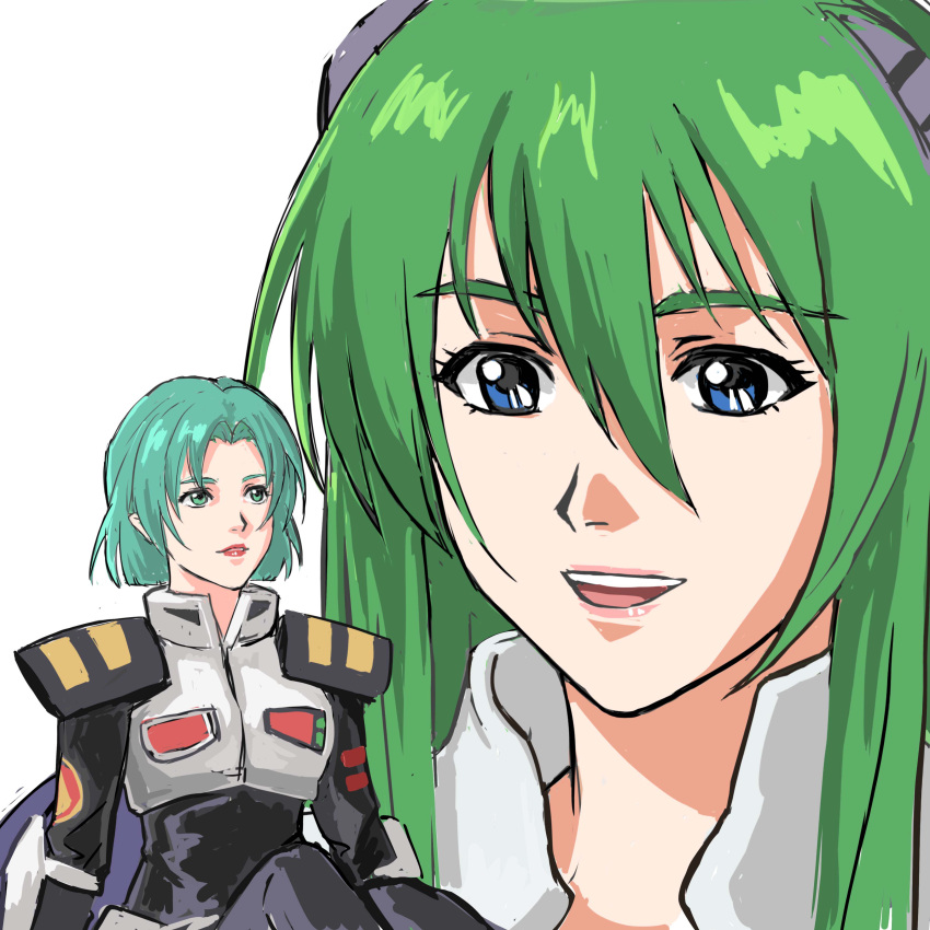 2girls absurdres aqua_hair blue_eyes bob_cut emilia_jenius giant giantess green_eyes green_hair headgear highres komillia_maria_jenius maclone macross macross_2036 macross_7 macross_7:_the_galaxy_is_calling_me meltrandi military military_uniform multiple_girls nekkikamille open_mouth pilot_suit roundel science_fiction sketch spacesuit u.n._spacy uniform upper_body