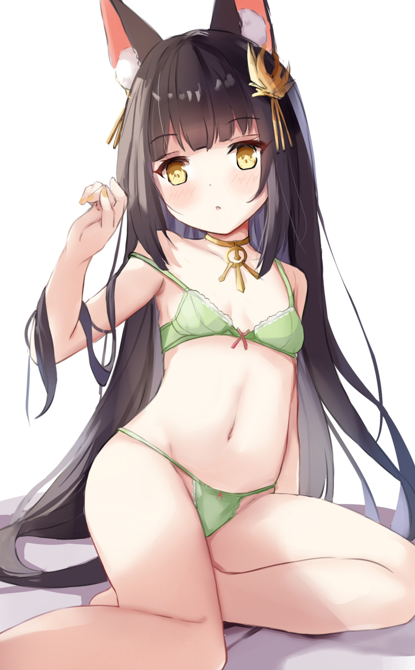 1girl animal_ear_fluff animal_ears arm_support azur_lane bare_legs black_hair bow bow_bra bow_panties bra chinese_commentary collarbone commentary_request fox_ears fox_girl gold_choker green_bra green_panties hair_ornament hamiro highres lace-trimmed_bra lace_trim long_hair looking_at_viewer md5_mismatch nagato_(azur_lane) nail_polish navel panties parted_lips red_ribbon ribbon ribbon_bra ribbon_panties solo stomach straight_hair strap_slip thighs underwear very_long_hair yellow_nails