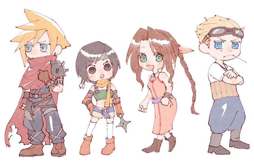 2boys 2girls aerith_gainsborough baggy_pants bangle bare_shoulders belt black_footwear black_hair blonde_hair blue_eyes blue_pants boots bracelet braid braided_ponytail breasts brown_eyes brown_footwear brown_gloves brown_hair chibi choker cid_highwind clawed_gauntlets cloak closed_mouth cloud_strife colored_sclera crop_top crossed_arms dress earrings facial_hair final_fantasy final_fantasy_vii fingerless_gloves fishnet_armwear frown full_body gloves goggles goggles_on_head green_eyes green_shirt hair_ribbon hair_slicked_back hand_on_own_chest hand_on_own_hip headband holding holding_shuriken holding_weapon jewelry kingdom_hearts long_hair loose_belt medium_breasts midriff multiple_belts multiple_boys multiple_girls nitoya_00630a official_alternate_costume open_mouth pants parted_bangs pink_dress pink_ribbon purple_belt red_cloak ribbon ribbon_choker shirt short_hair short_shorts short_sleeves shorts shuriken sidelocks single_braid single_earring single_shoulder_pad sleeveless sleeveless_dress smile spiked_hair strapless stubble swept_bangs t-shirt toothpick torn_clothes tube_top v-shaped_eyebrows wavy_hair weapon white_background white_shirt yellow_belt yellow_sclera yellow_shorts yuffie_kisaragi