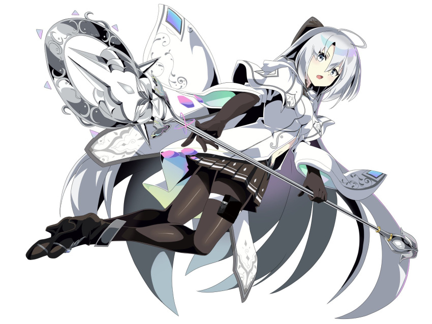 1girl black_bow black_gloves black_skirt black_thighhighs bow clothing_cutout commentary_request dress duel_masters duel_masters_play's elbow_gloves gloves gradient_clothes grey_eyes grey_hair hair_bow highres holding holding_staff kanon_(duel_masters) long_hair navel_cutout open_mouth pleated_skirt rainbow_gradient skirt solo staff thighhighs very_long_hair white_background white_dress zeke_(analogmon)