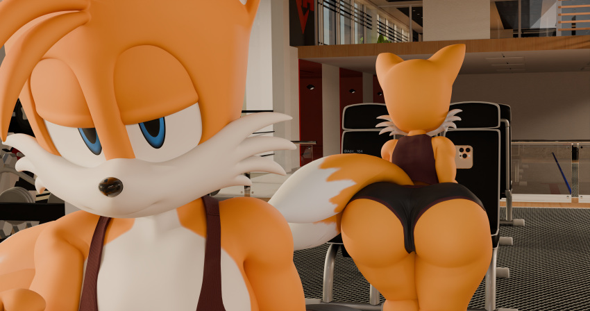 absurd_res adri164 big_butt bottomwear bubble_butt butt canid canine clothing fox fur gym gym_bottomwear gym_clothing gym_shorts hi_res looking_at_viewer male mammal miles_prower multicolored_body multicolored_fur sega selfie shorts smile solo sonic_the_hedgehog_(series) tail thick_thighs two_tone_body two_tone_fur wide_hips