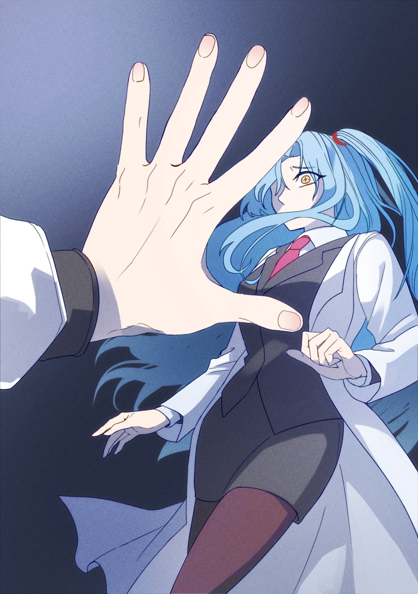 1boy 1girl angela_(project_moon) ayin_(project_moon) black_skirt blue_hair coat collared_shirt fingernails gredell_elle highres lab_coat lobotomy_corporation long_hair long_sleeves necktie one_side_up pencil_skirt pov pov_hands project_moon pushing red_necktie shirt skirt very_long_hair white_coat white_shirt yellow_eyes