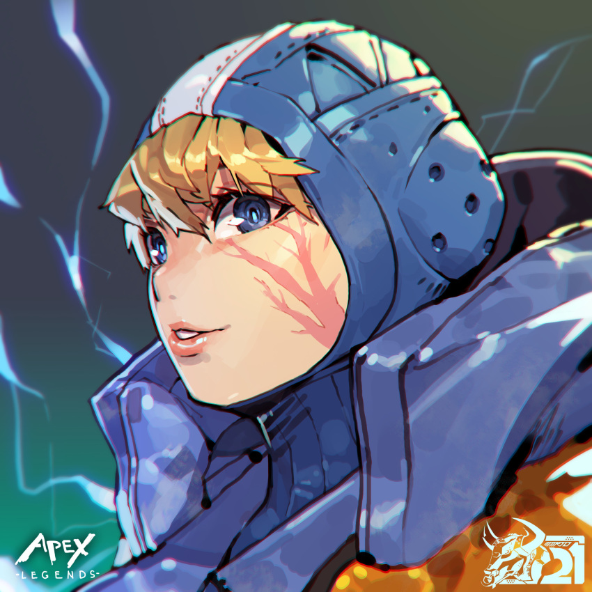 1girl animification apex_legends blonde_hair blue_bodysuit blue_eyes blue_headwear bodysuit copyright_name electricity english_commentary gradient gradient_background highres hood hood_down hooded_jacket jacket looking_at_viewer mar10 orange_jacket parted_lips portrait ribbed_bodysuit scar scar_on_cheek scar_on_face solo wattson_(apex_legends)