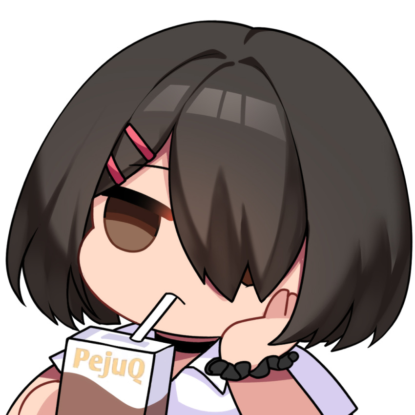 1girl black_choker black_hair black_scrunchie brown_eyes chibi choker collared_shirt drinking drinking_straw ela_angraeni_(revian_samuel_dani) hair_ornament hair_over_one_eye hairclip hand_on_own_cheek hand_on_own_face jitome looking_at_viewer milk_carton original revian_samuel_dani scrunchie shirt short_hair short_sleeves solo upper_body white_background white_shirt wrist_scrunchie