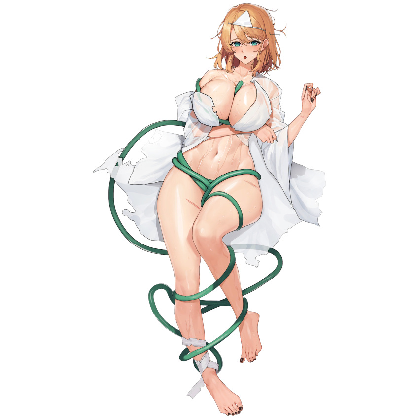1girl :o aqua_eyes arm_under_breasts bandaged_ankle barefoot between_breasts black_nails blonde_hair blush breasts cleavage collarbone entangled feet fingernails frost_serpent_(last_origin) full_body ghost_costume hair_intakes halloween halloween_costume highres hose huge_breasts injury japanese_clothes kimono knees_together_feet_apart last_origin leg_up legs linea_alba looking_at_viewer loose_bandages nail_polish naked_kimono navel official_alternate_costume official_art open_clothes open_kimono open_mouth see-through_kimono sharp_fingernails shiroshouzoku short_hair short_kimono simple_background solo tachi-e third-party_source toenail_polish toenails toes torn_clothes torn_kimono transparent_background triangular_headpiece tunamayo_(dsasd751) water water_pump wet wet_clothes wet_kimono white_kimono wide_sleeves