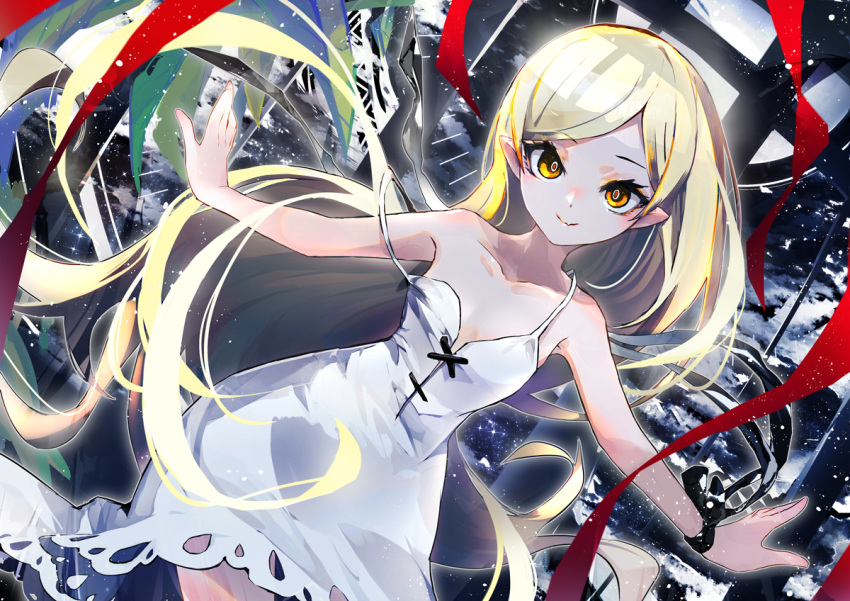 1girl abstract_background bare_shoulders black_ribbon blonde_hair commentary_request cowboy_shot dress flat_chest kizumonogatari kusakanmuri long_hair monogatari_(series) official_art orange_eyes oshino_shinobu outstretched_arms pointy_ears ribbon second-party_source smile solo spread_arms strap_slip very_long_hair white_dress wrist_ribbon