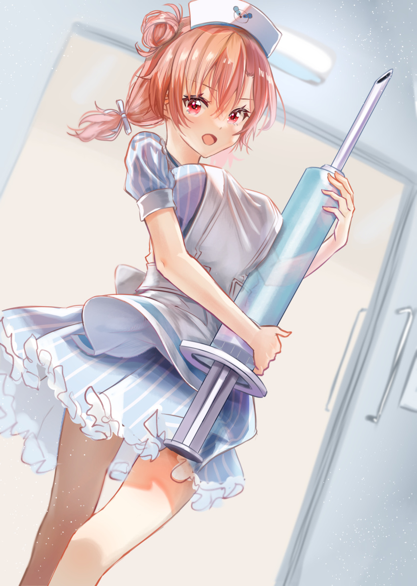 1girl apron blue_dress breasts door dress frilled_dress frills hair_bun hat highres holding holding_syringe indoors large_breasts large_syringe looking_at_viewer medium_breasts nanashi_(74_nanashi) nurse nurse_cap open_mouth orange_hair oversized_object red_eyes short_dress single_hair_bun single_side_bun solo standing striped striped_dress syringe thighs twintails vertical-striped_dress vertical_stripes white_apron yahari_ore_no_seishun_lovecome_wa_machigatteiru. yuigahama_yui