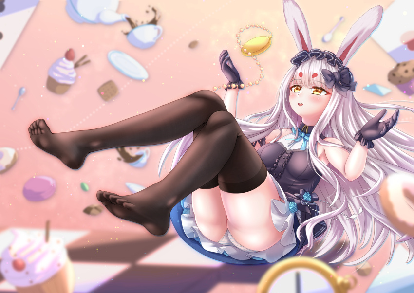 1girl animal_ears azur_lane black_gloves blue_flower bow breasts brown_thighhighs checkered_floor cupcake doughnut dress flower food frilled_gloves frills full_body gloves hair_bow highres kaidou_nora- long_hair macaron muffin official_alternate_costume panties pantyshot pocket_watch purple_dress rabbit_ears shimakaze_(azur_lane) shimakaze_(the_white_rabbit_of_wonderland)_(azur_lane) sleeveless sleeveless_dress small_breasts solo striped striped_panties tea thighhighs underwear very_long_hair watch white_hair white_panties yellow_eyes