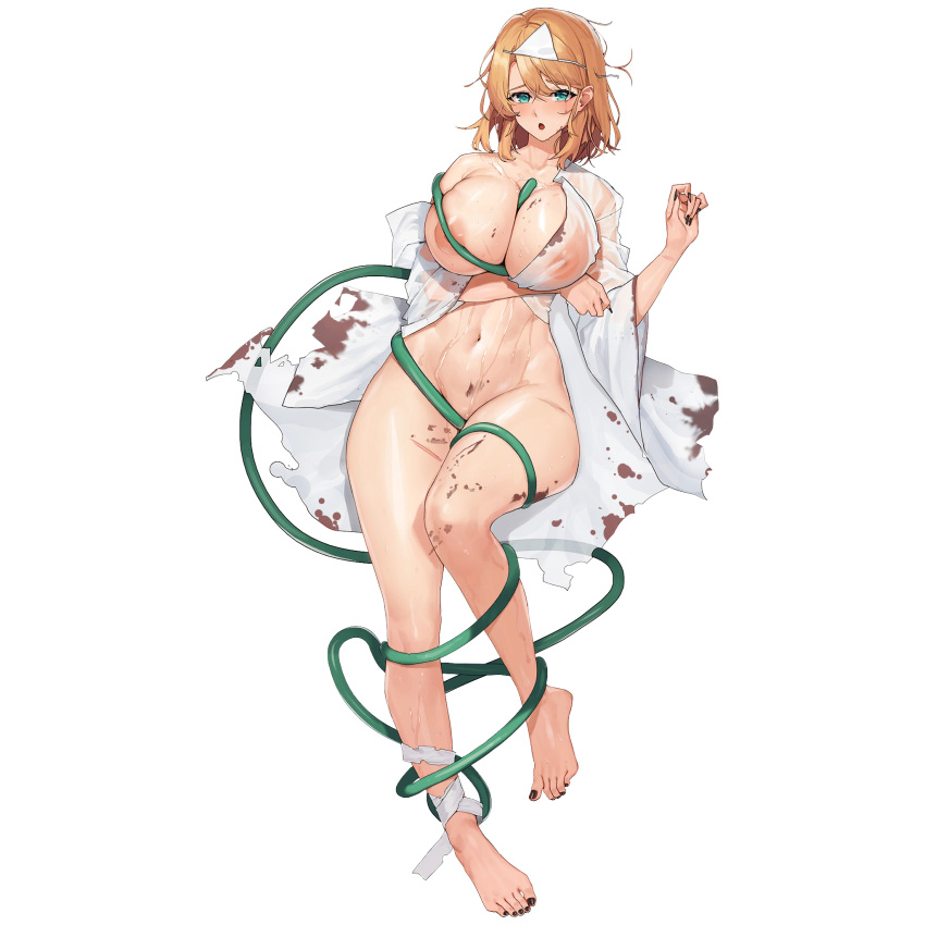 1girl :o aqua_eyes areola_slip arm_under_breasts bandaged_ankle barefoot between_breasts black_nails blonde_hair blood blood_from_eyes blood_on_breasts blood_on_clothes blood_on_leg blush breasts cleavage collarbone entangled fake_blood feet fingernails frost_serpent_(last_origin) full_body ghost_costume hair_intakes halloween halloween_costume highres hose huge_breasts injury japanese_clothes kimono knees_together_feet_apart last_origin leg_up legs linea_alba looking_at_viewer loose_bandages nail_polish naked_kimono navel nipples official_alternate_costume official_art open_clothes open_kimono open_mouth see-through_kimono sharp_fingernails shiroshouzoku short_hair short_kimono simple_background solo tachi-e third-party_source toenail_polish toenails toes torn_clothes torn_kimono transparent_background triangular_headpiece tunamayo_(dsasd751) water water_pump wet wet_clothes wet_kimono white_kimono wide_sleeves