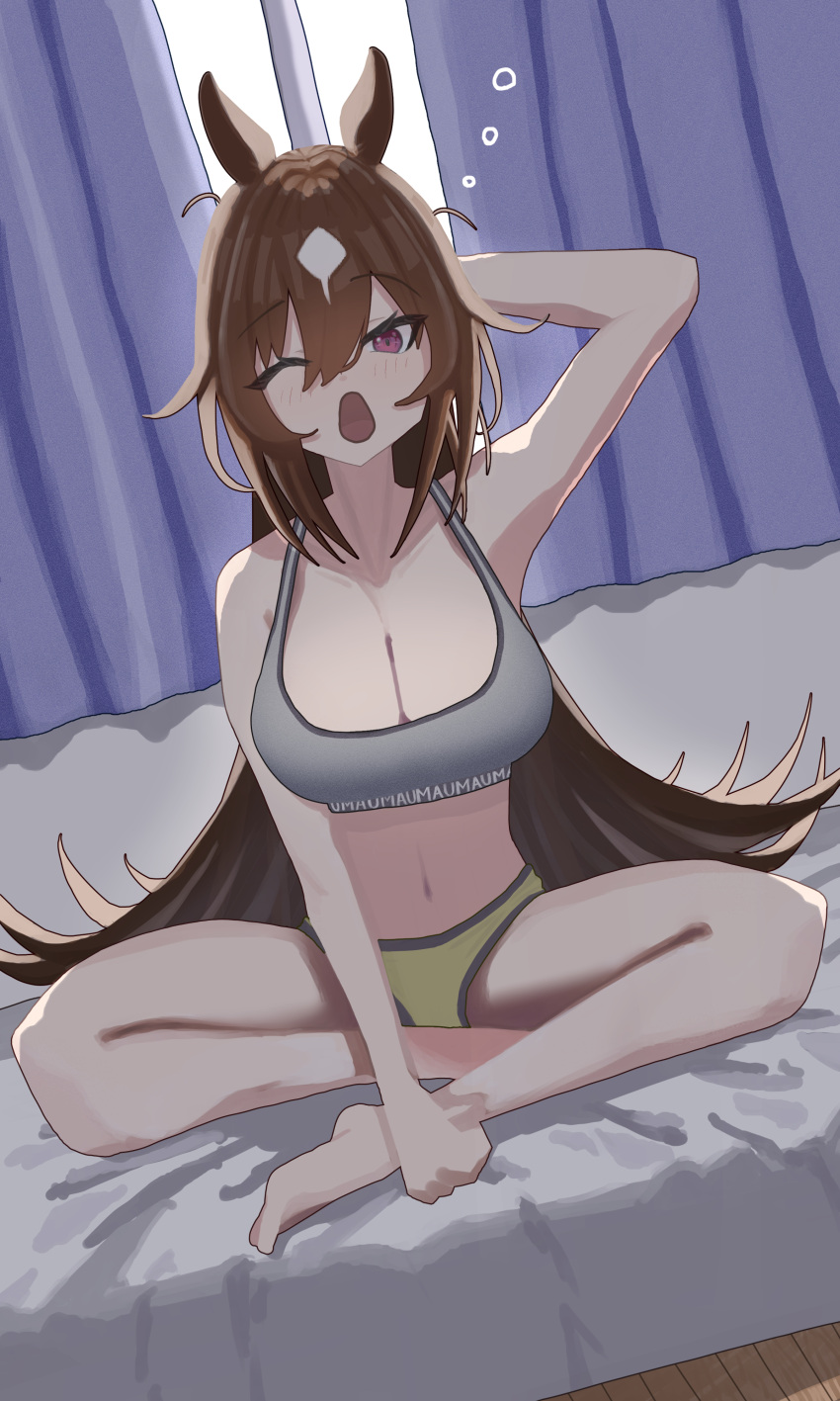 1girl absurdres ahiru3desuyo alternate_costume animal_ears arm_up armpits blue_curtains breasts brown_hair cleavage commentary_request grey_sports_bra hair_between_eyes highres horse_ears horse_girl horse_tail large_breasts long_hair looking_at_viewer multicolored_hair on_bed one_eye_closed open_mouth panties red_eyes sirius_symboli_(umamusume) sitting solo sports_bra streaked_hair tail tank_top umamusume underwear very_long_hair waking_up white_hair yawning yellow_panties