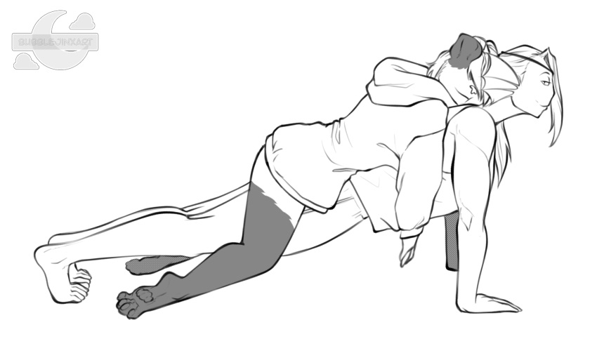 aimi_(sleepysushiroll) animal_humanoid anthro bear black_and_white bubblejinxart clothing cute_expression duo exercise female giant_panda gym_clothing hi_res hoodie humanoid lying_on_another male male/female mammal marine marine_humanoid monochrome push-up sleeping sleeping_on_partner tired topwear undertale undertale_(series) undyne