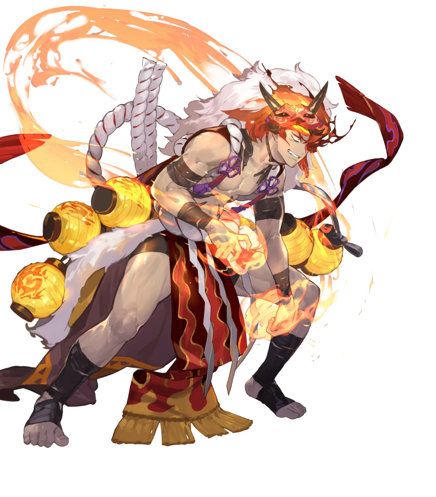 1boy abs attack bara body_markings dark-skinned_male dark_skin dragon_mask fake_hair fire_emblem fire_emblem_heroes flaming_hand grin hair_over_one_eye highres muscular muscular_male muspell_(fire_emblem) muspell_(flame)_(fire_emblem) non-web_source official_alternate_costume official_art orange_hair pelvic_curtain red_eyes shawl smile solo sumo