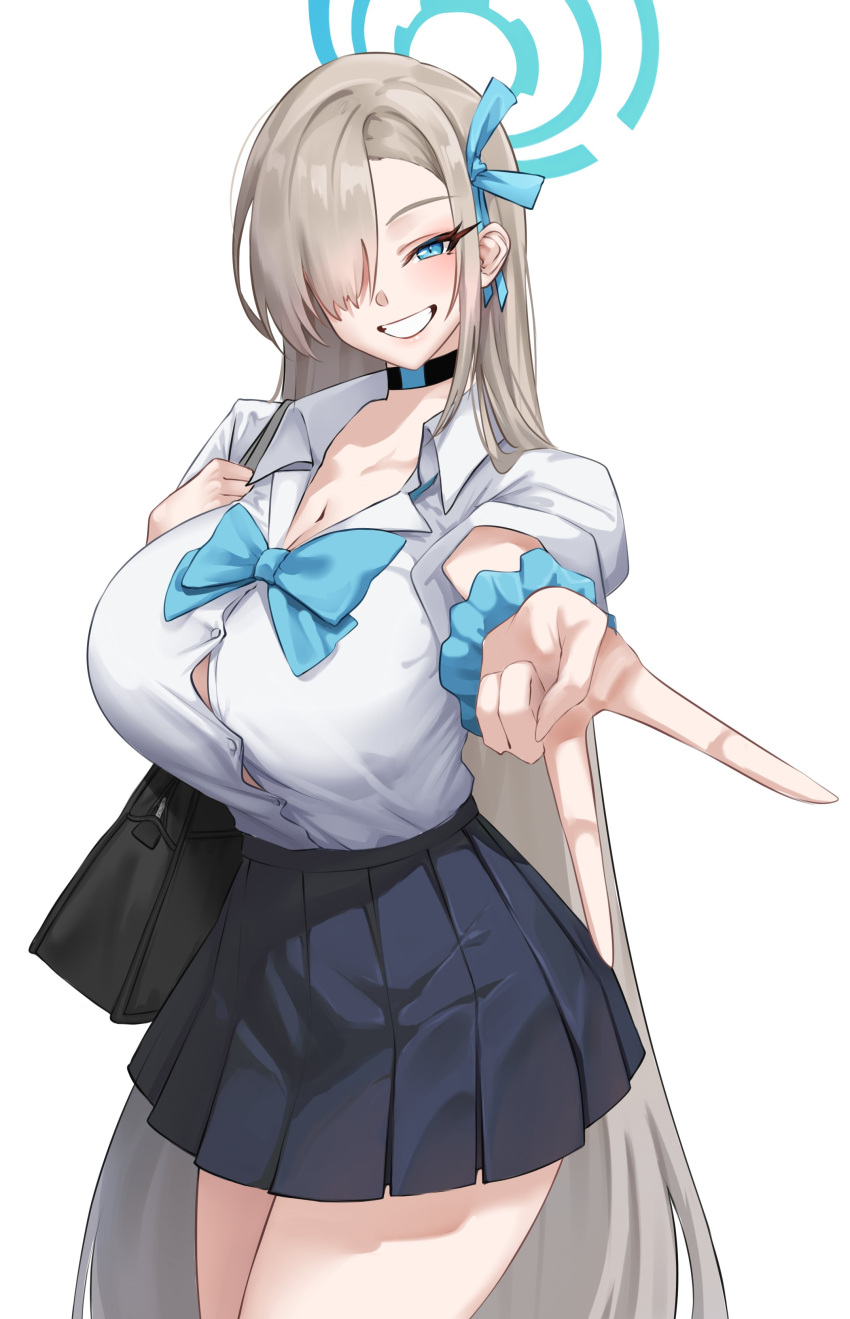1girl absurdres asuna_(blue_archive) black_skirt blue_archive blue_eyes blue_ribbon blush breasts choker cleavage collarbone collared_shirt crimecrime dress_shirt grin hair_over_one_eye hair_ribbon halo hashtag_only_commentary highres large_breasts light_brown_hair long_hair looking_at_viewer pleated_skirt ribbon scrunchie shirt skirt sleeves_rolled_up smile solo thighs v very_long_hair white_shirt wrist_scrunchie