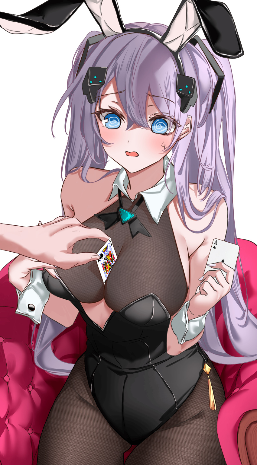 @_@ absurdres ace_(playing_card) ace_of_spades animal_ears azur_lane bare_shoulders blue_eyes blush bow bowtie breasts card cleavage cleavage_reach collar commission commissioner_upload embarrassed grey_hair hair_between_eyes hair_ornament hair_through_headwear highres holding holding_card intrepid_(azur_lane) king_(playing_card) king_of_clubs large_breasts leggings long_hair looking_at_viewer mole mole_on_breast non-web_source on_chair open_mouth playboy_bunny playing_card rabbit_ears sideboob simple_background spade_(shape) two_side_up vayneeeee wrist_cuffs