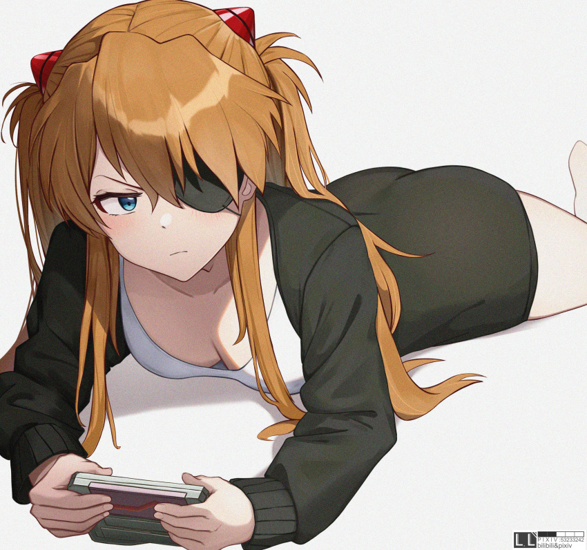 1girl 3180118742 absurdres artist_name ass black_jacket blue_eyes breasts brown_hair cleavage collarbone controller downblouse eyepatch frown hair_between_eyes highres holding holding_controller interface_headset jacket long_hair lying neon_genesis_evangelion on_stomach shirt simple_background solo souryuu_asuka_langley white_background white_shirt