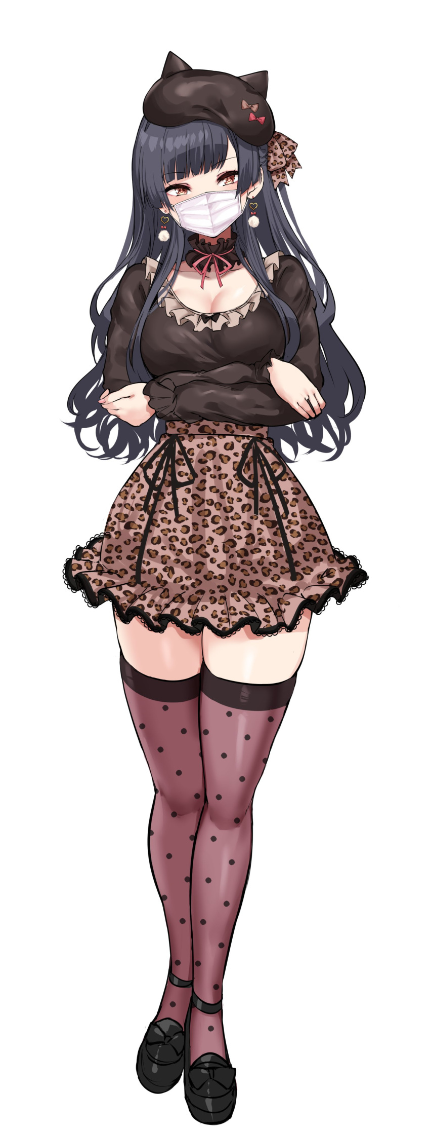 1girl absurdres agetama animal_print black_hair black_headwear black_shirt breasts choker cleavage crossed_arms earrings fake_horns fingernails frilled_choker frills full_body heart heart_earrings highres horned_headwear horns idolmaster idolmaster_shiny_colors jewelry large_breasts leopard_print long_hair looking_at_viewer mask mayuzumi_fuyuko mouth_mask neck_ribbon polka_dot_thighhighs pom_pom_(clothes) pom_pom_earrings print_skirt ribbon shirt simple_background skirt solo very_long_hair white_background white_mask zettai_ryouiki