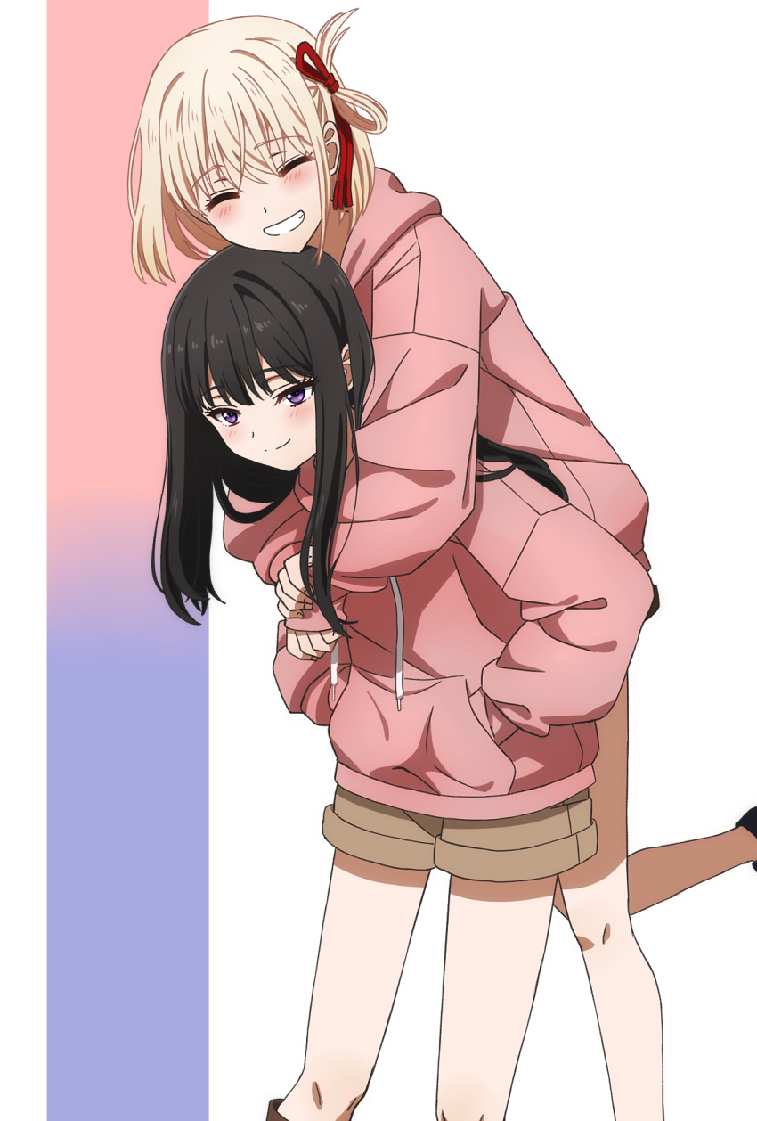 2girls arms_around_neck black_hair blonde_hair brown_shorts carrying closed_mouth commentary_request hair_ribbon hands_in_pockets highres hood hoodie hug hug_from_behind inoue_takina long_hair lycoris_recoil multiple_girls nishikigi_chisato oiun parted_lips piggyback pink_hoodie purple_eyes red_ribbon ribbon short_hair short_shorts shorts simple_background smile